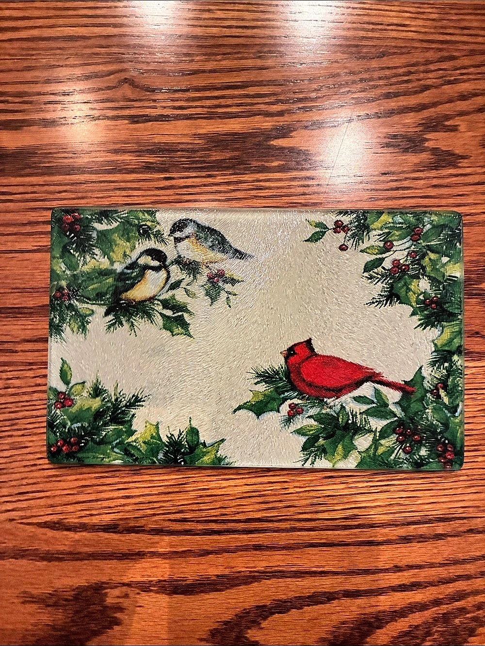 Certified International Winter Song glass cutting board. Susan Winget designed